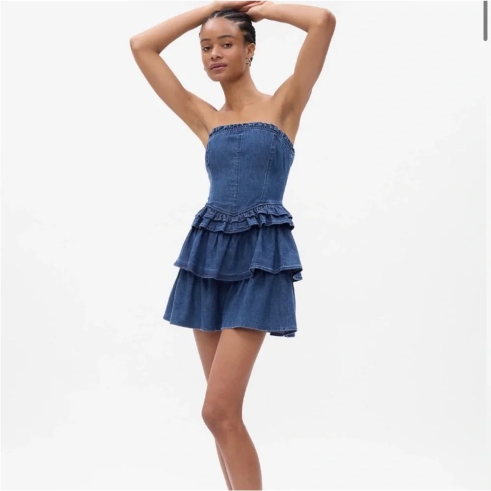 LoveShackFancy x Gap Strapless Ruffle Tiered Denim Mini Dress - Blue - Picture 1 of 6